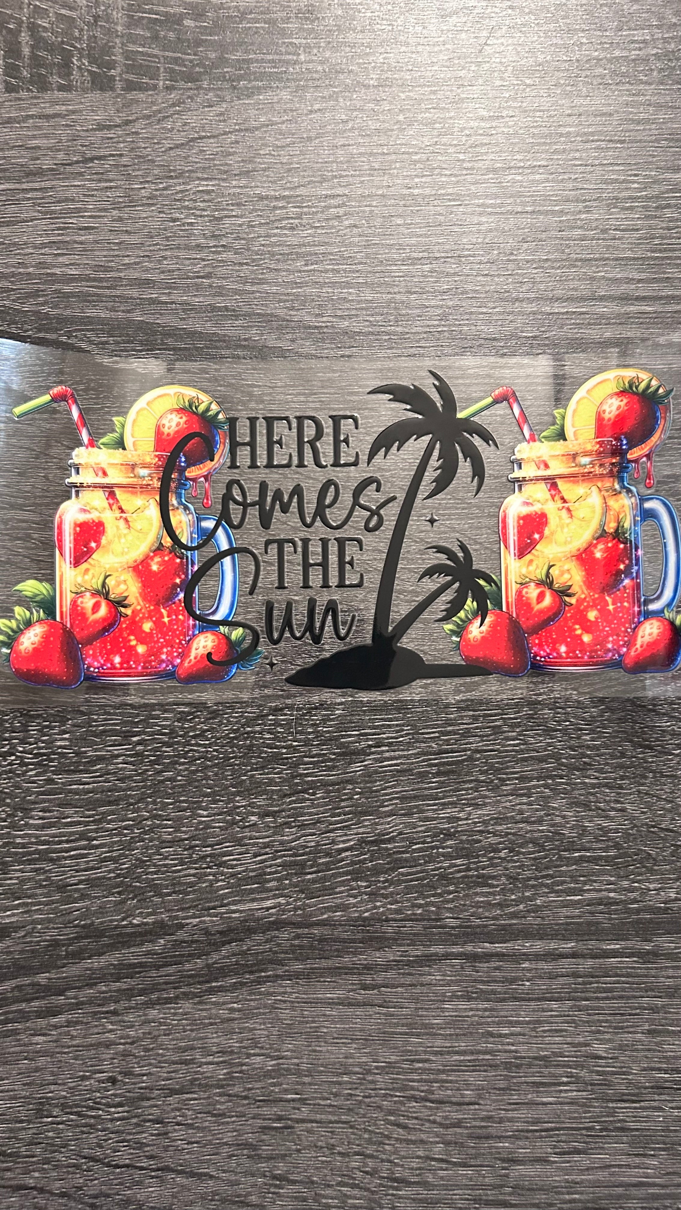 Beach Life - Here Comes the Sun Mason Jar & Palm Trees Decal