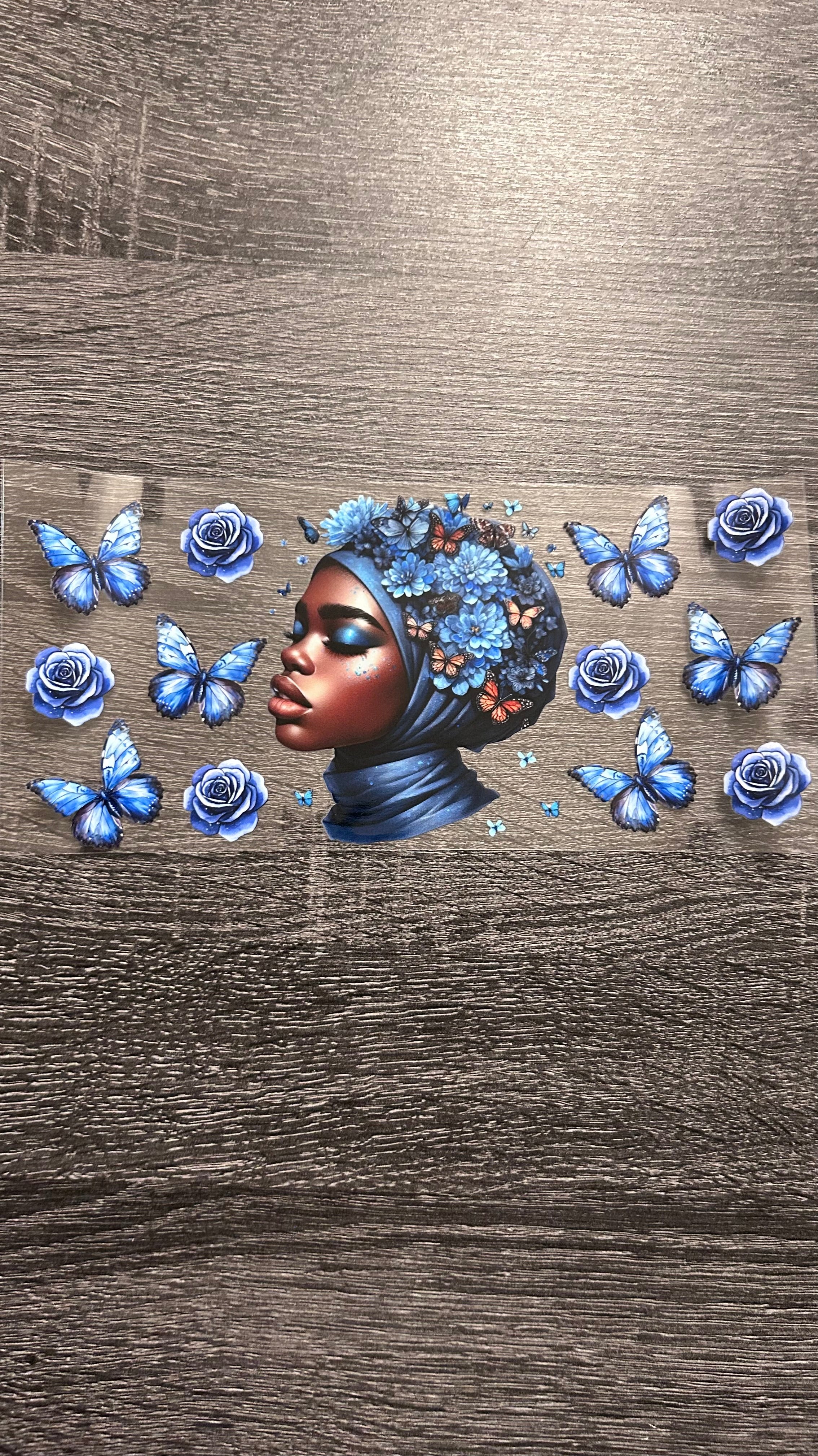 Black Queen- Blue Butterflies and Roses Decal